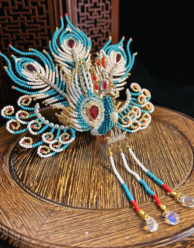 Handmade Blue Phoenix Hairpin Three Tail Rice Pearl Phoenix Crown Ming Dynasty Hanfu Accessory Ancient Chinese Wedding Headdress