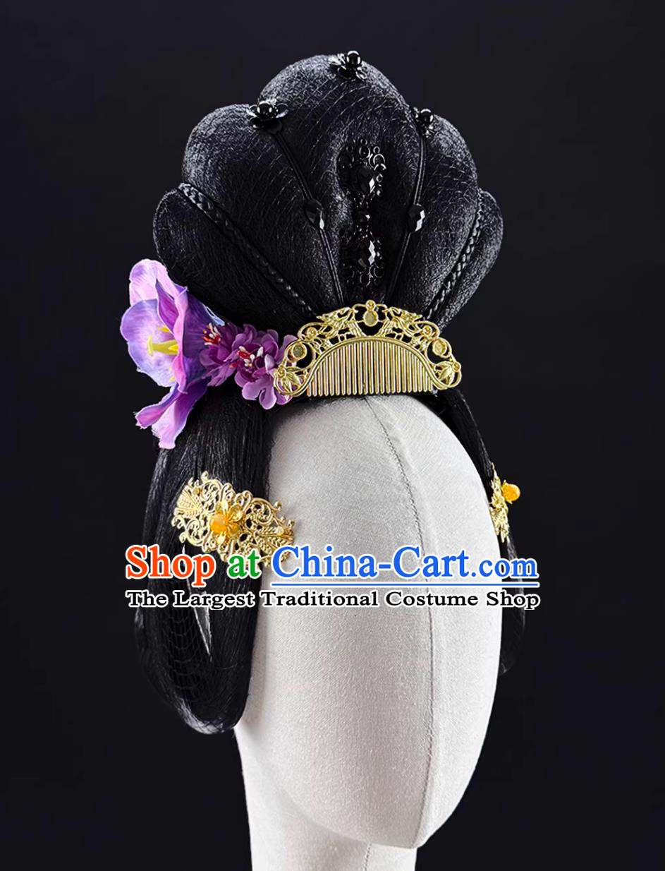Chang An Noblewoman Dance Headdress Classical Dance Han Tang Headwear Chinese Stage Performance Runway Wig Chignon