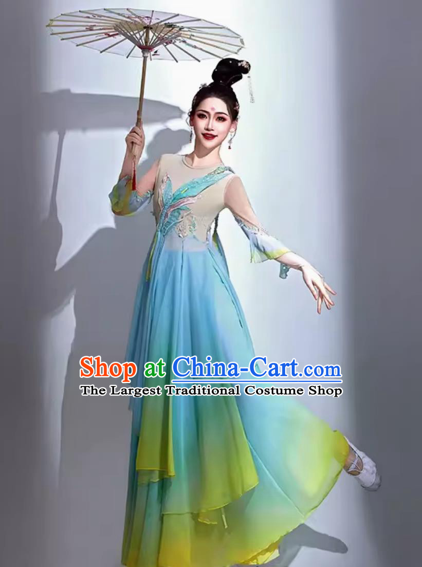 Classical Dance Costume Chinese Style Hanfu Umbrella Dance Clothing Women Elegant Opening Dance Blue Dress