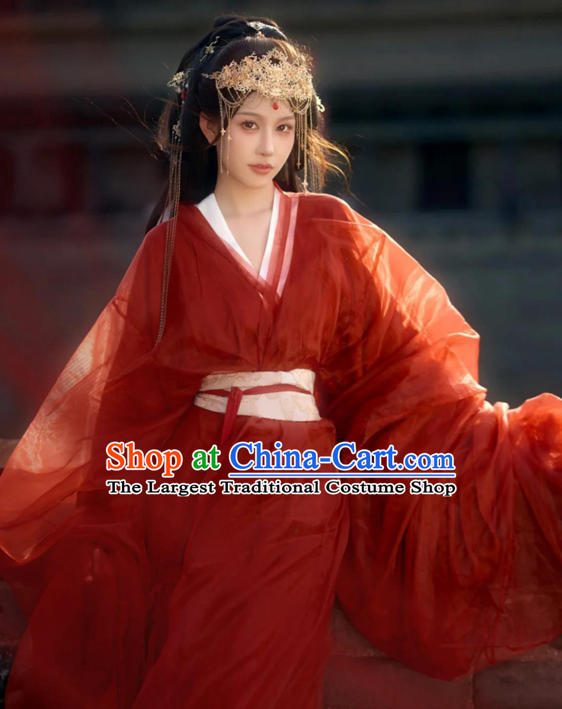 Red Hanfu Ancient Chinese Costume Traditional Women Clothing Wide Sleeve Zhi Ju Warring States Robe