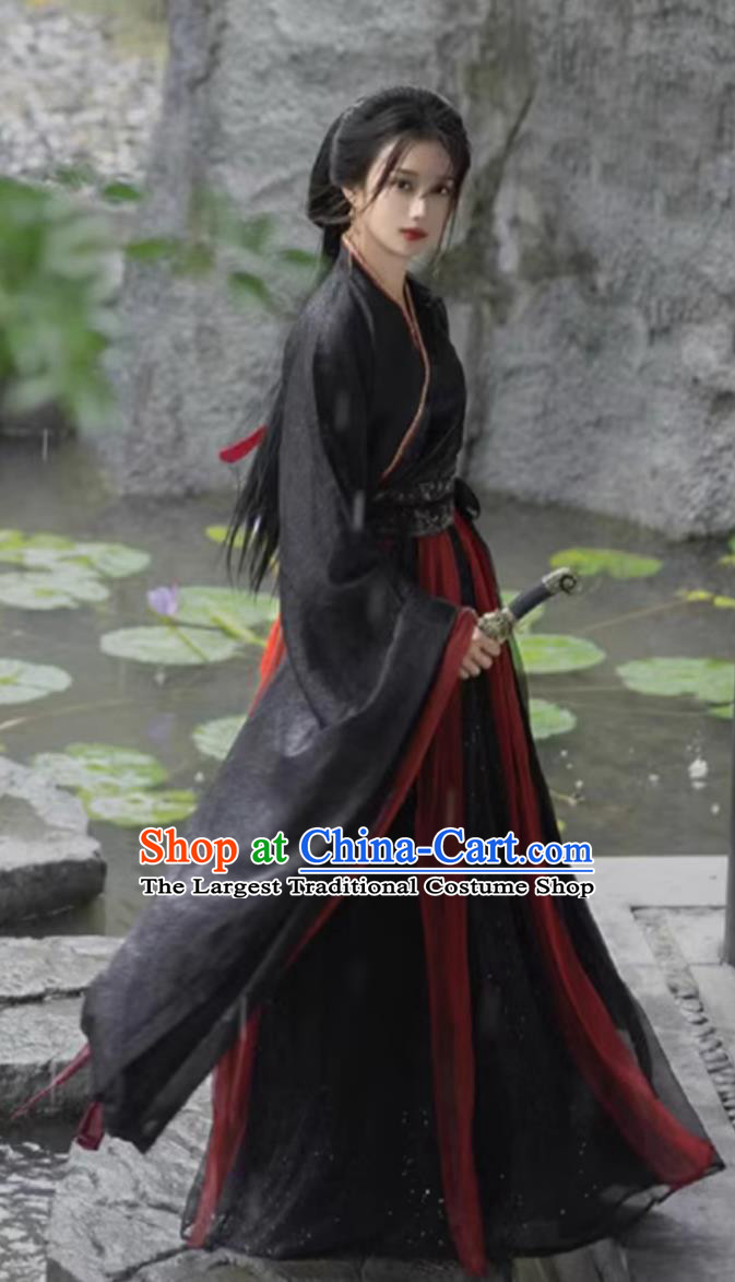 Traditional Wei Jin Dynasty Hanfu Ancient Chinese Swordswoman Costumes Black Wide Sleeve Shirt and Red Skirt Complete Set