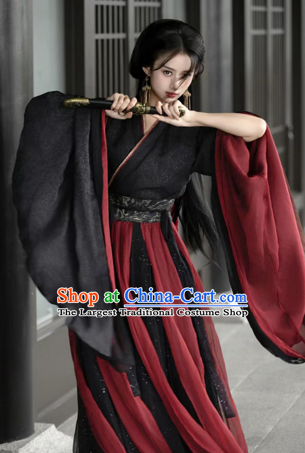 Traditional Wei Jin Dynasty Hanfu Ancient Chinese Swordswoman Costumes Black Wide Sleeve Shirt and Red Skirt Complete Set