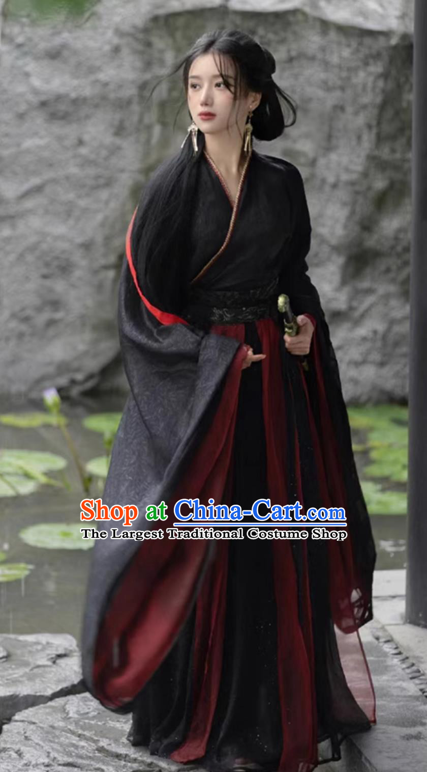 Traditional Wei Jin Dynasty Hanfu Ancient Chinese Swordswoman Costumes Black Wide Sleeve Shirt and Red Skirt Complete Set