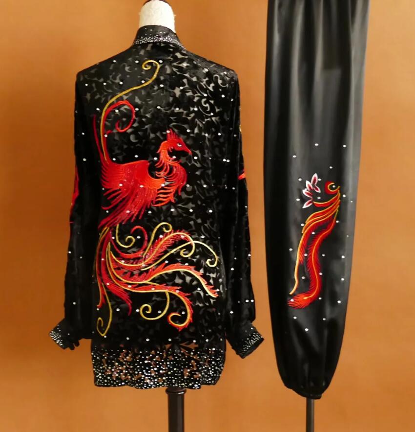 Tai Chi Performance Costume Rhinestone Velvet Kung Fu Suit Embroidered Phoenix Wushu Competition Uniform Black Taiji Outfit