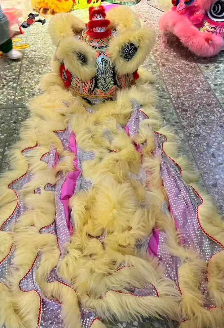 Handmade Hok San Lion Head Chinese Dancing Lion Equipment Yellow Fur Lion Dance Costumes Complete Set