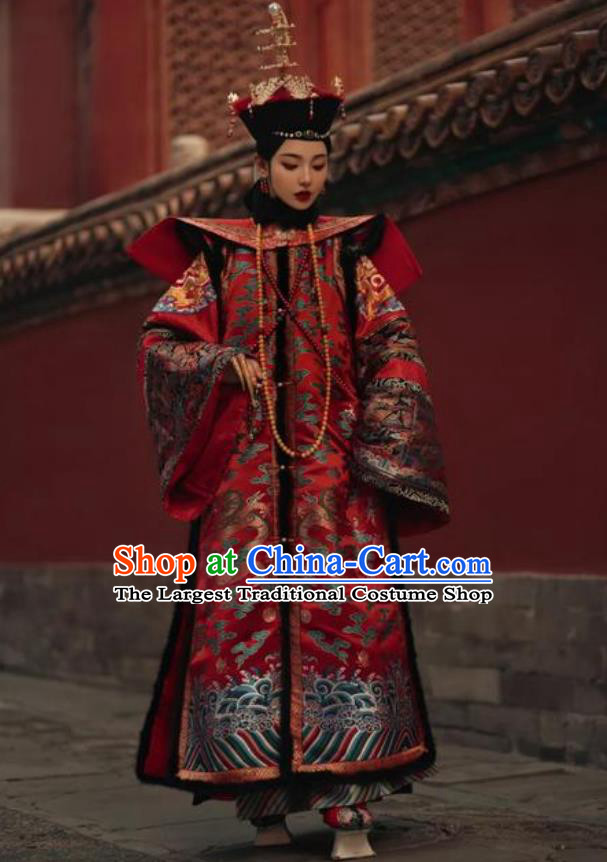 Chinese Palace Embroidery Wedding Attire Qing Dynasty Court Empress Wedding Dress Ancient Women Ceremonial Robe