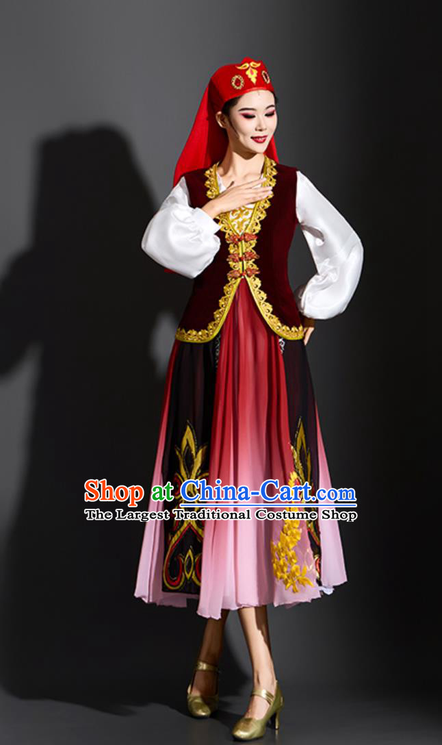 Xinjiang Dance Dress Women Elegant Flared Uyghur Folk Dance Costume Chinese Ethnic Dance Clothing
