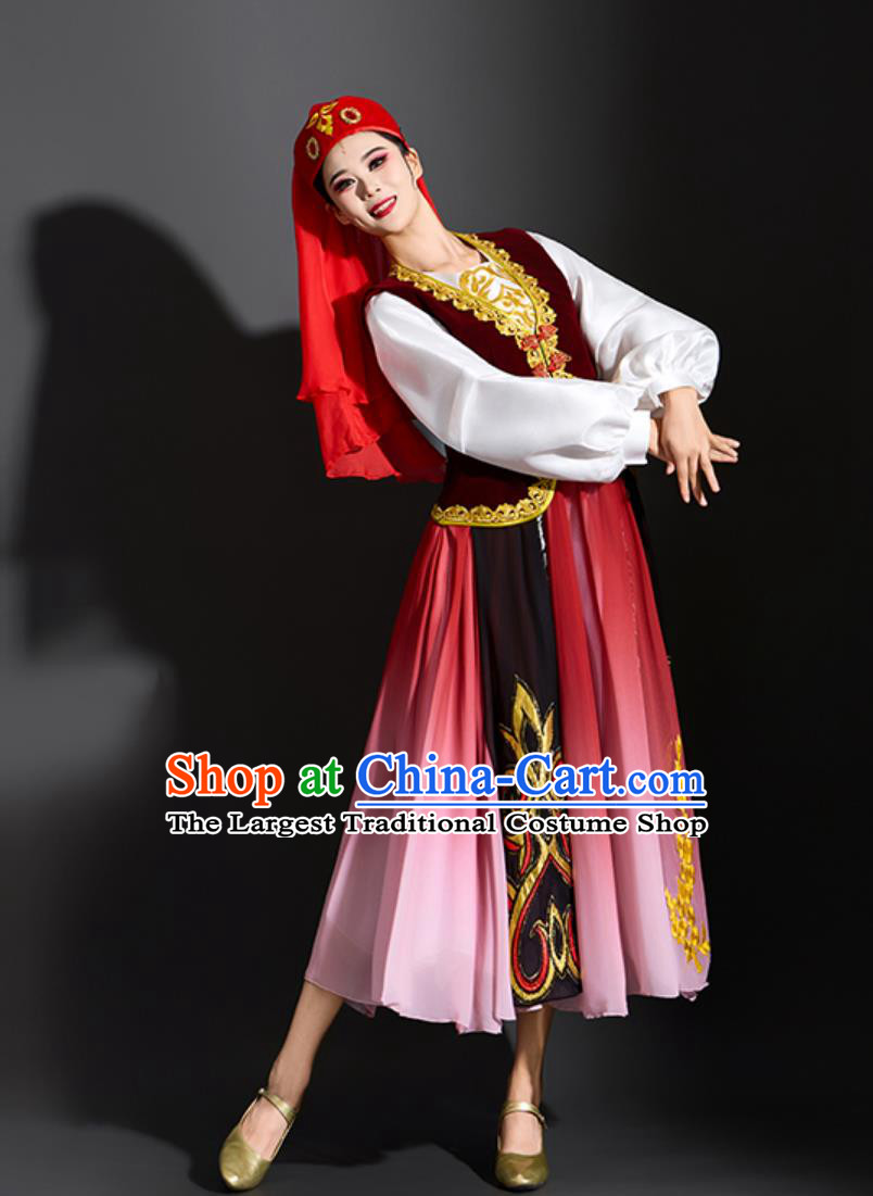 Xinjiang Dance Dress Women Elegant Flared Uyghur Folk Dance Costume Chinese Ethnic Dance Clothing
