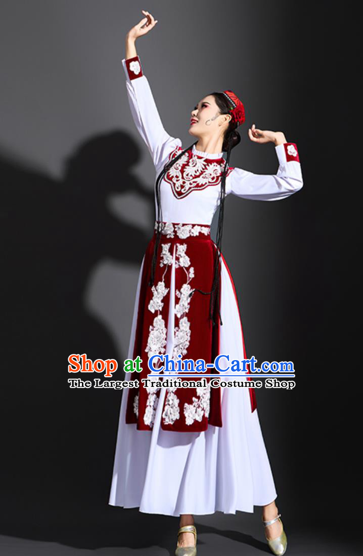 Chinese Ethnic Performance Outfit Women Dance Costume Kazakh Xinjiang Flowy Flared Dress