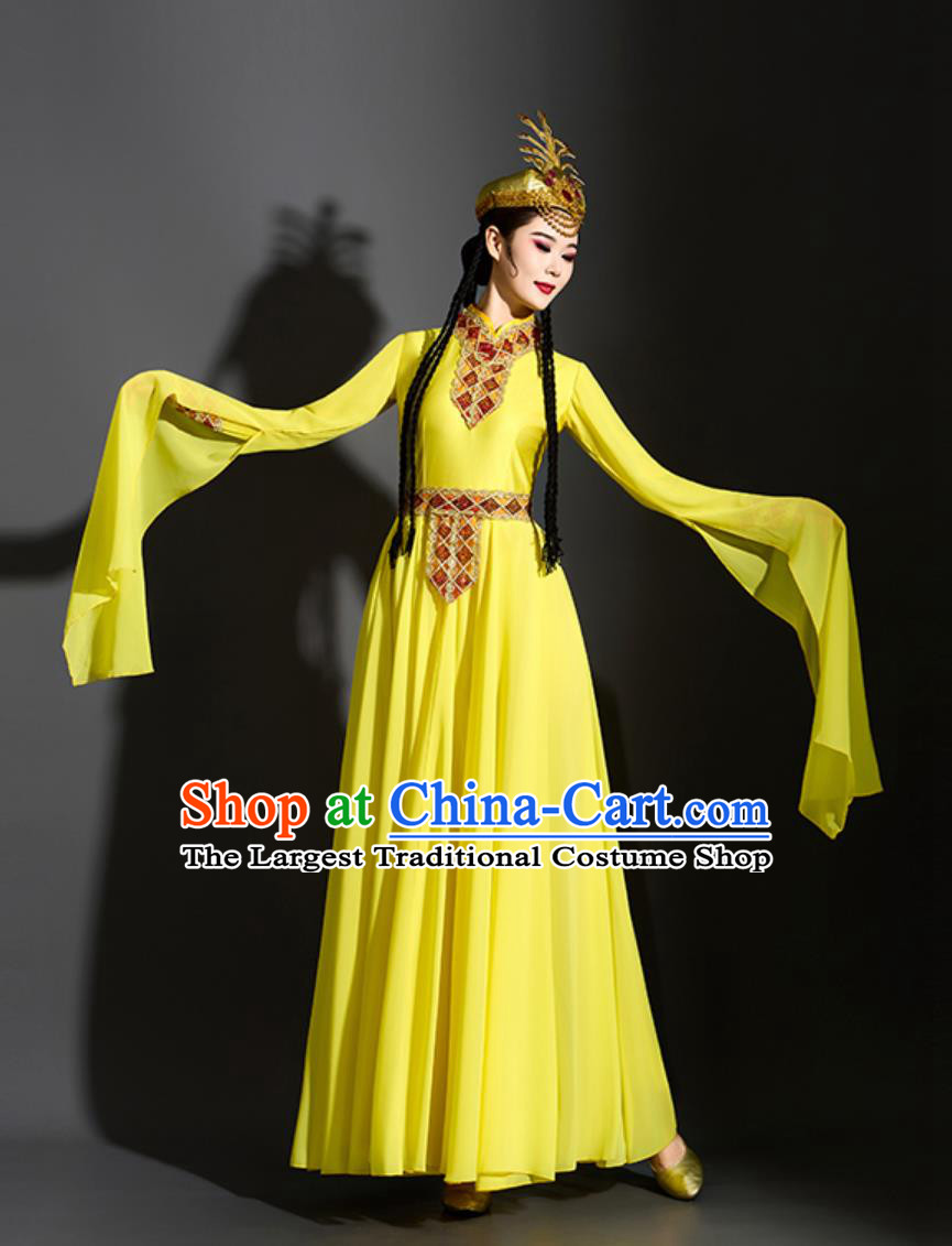 Xinjiang Classical Dance Yellow Dress Chinese Uyghur Ethnic Performance Costume