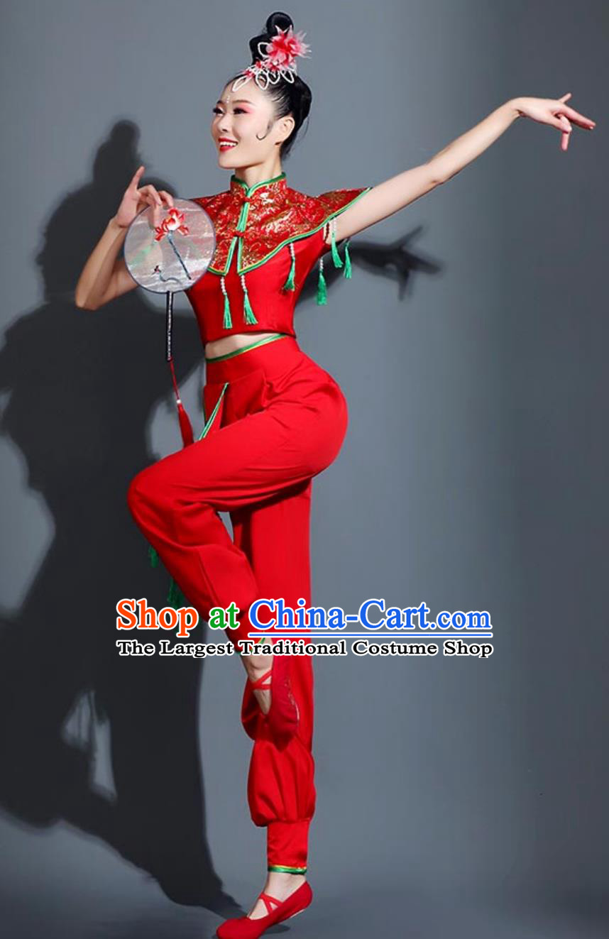 Yangko Performance Costume Women Chinese Festive Waist Drum Clothing Folk Dance Umbrella Dance Red Outfit