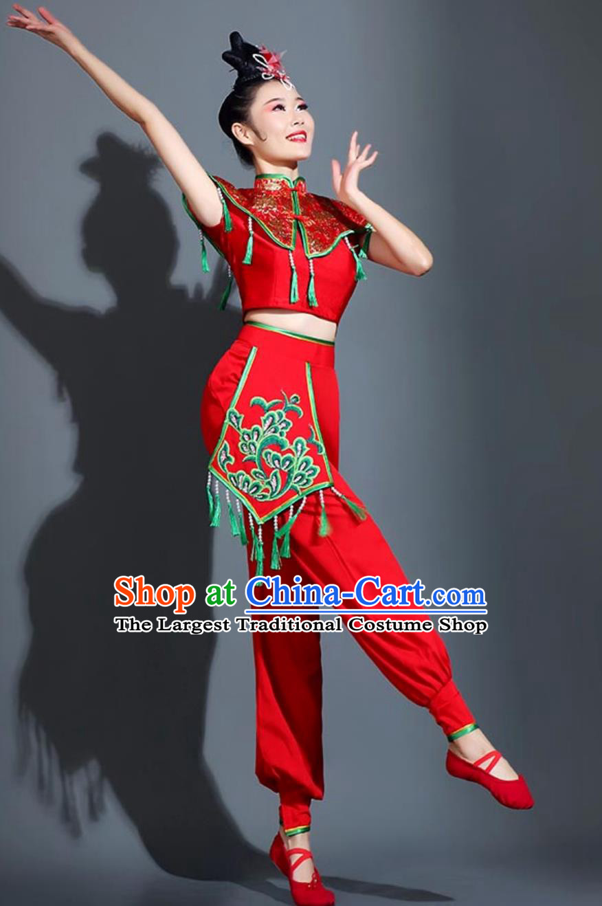 Yangko Performance Costume Women Chinese Festive Waist Drum Clothing Folk Dance Umbrella Dance Red Outfit