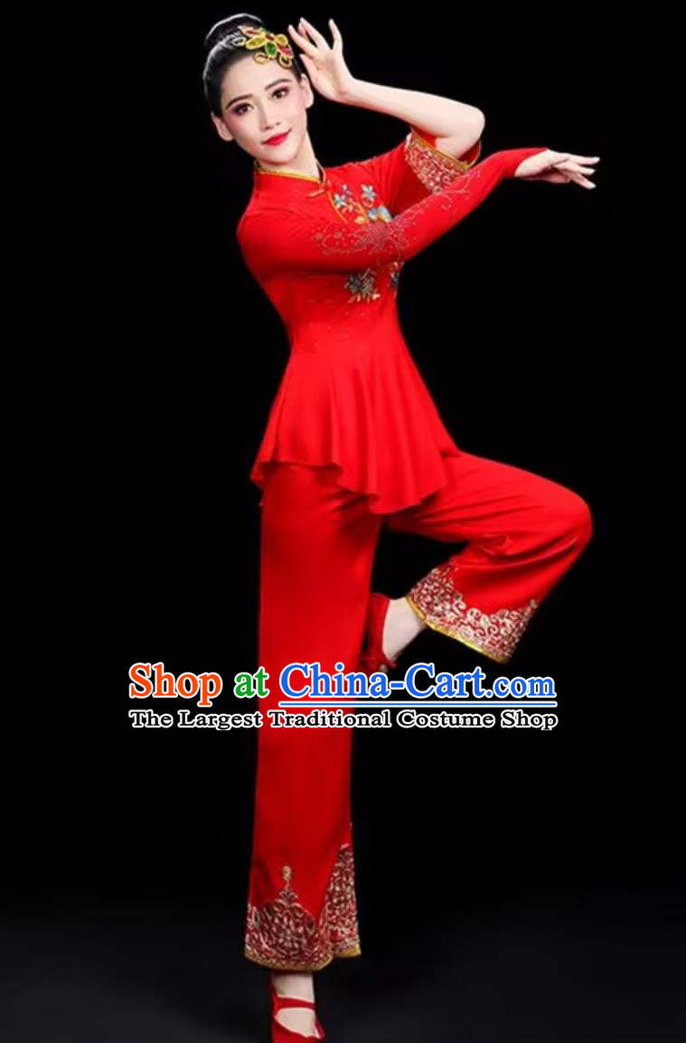 Women Fan Performance Red Outfit Chinese Northeast Yangko Costume Yangge Dance Clothing