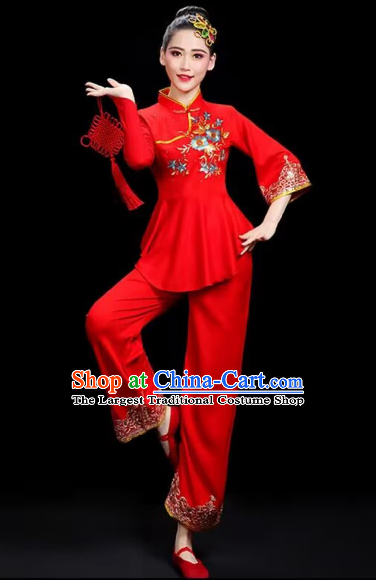 Women Fan Performance Red Outfit Chinese Northeast Yangko Costume Yangge Dance Clothing