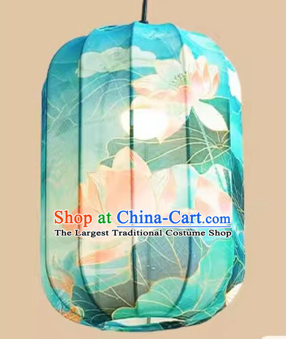 Printed Lotus Blue Lamp Chinese Style Lantern Waterproof Pendant Lantern