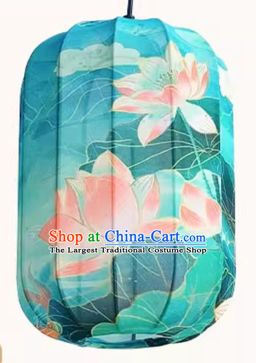 Printed Lotus Blue Lamp Chinese Style Lantern Waterproof Pendant Lantern