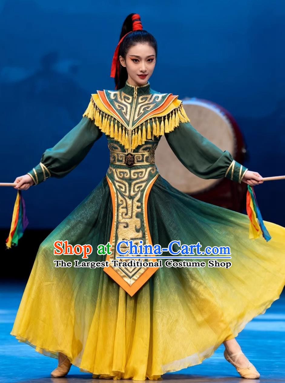 Powerful Drum Performance Costume Women Chinese Style Festive Waist Drum Performance Green Outfit