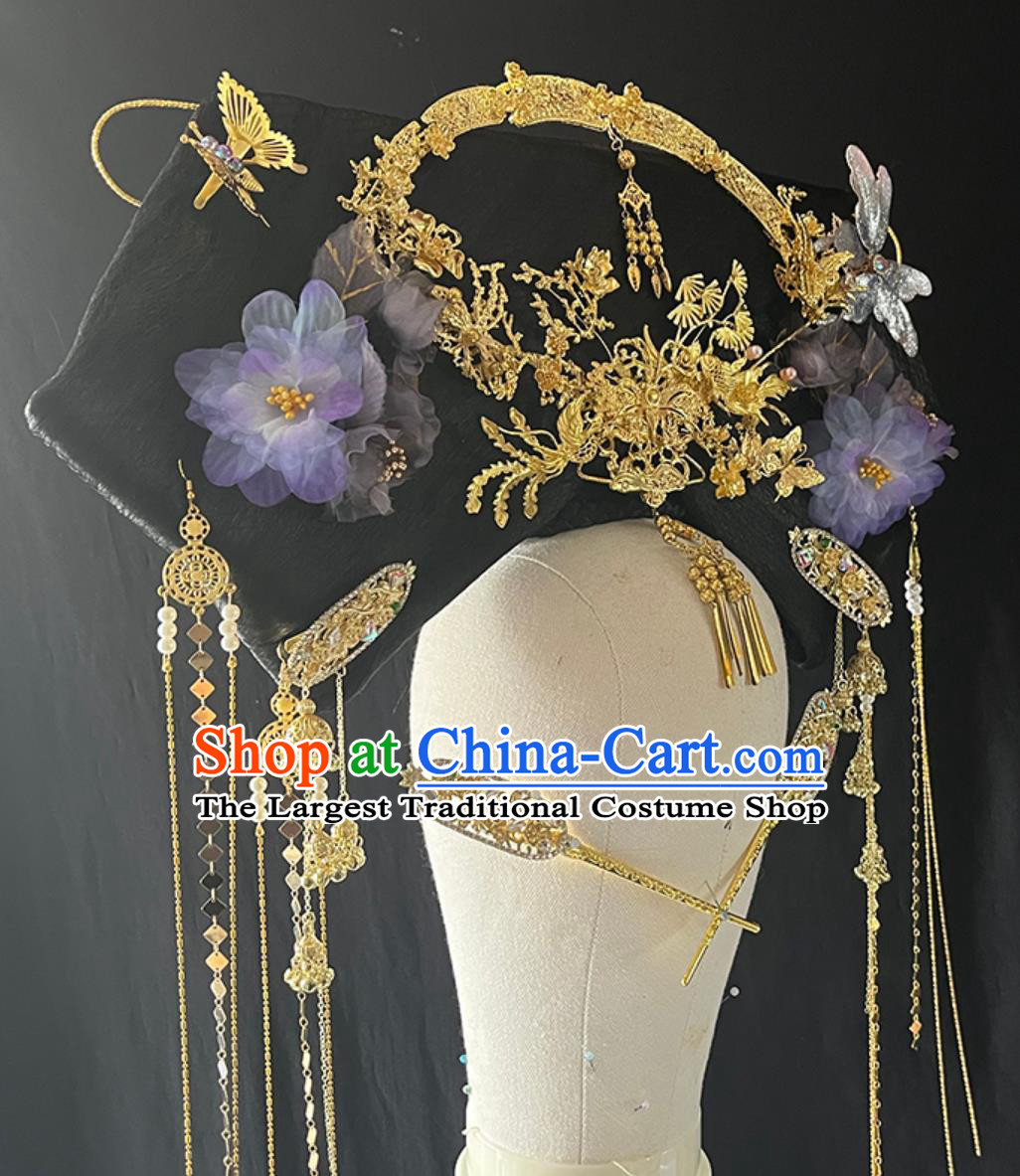 Qing Dynasty Palace Woman Hat Ancient Chinese Court Empress Headgear Handmade Large Winged Manchu Headdress