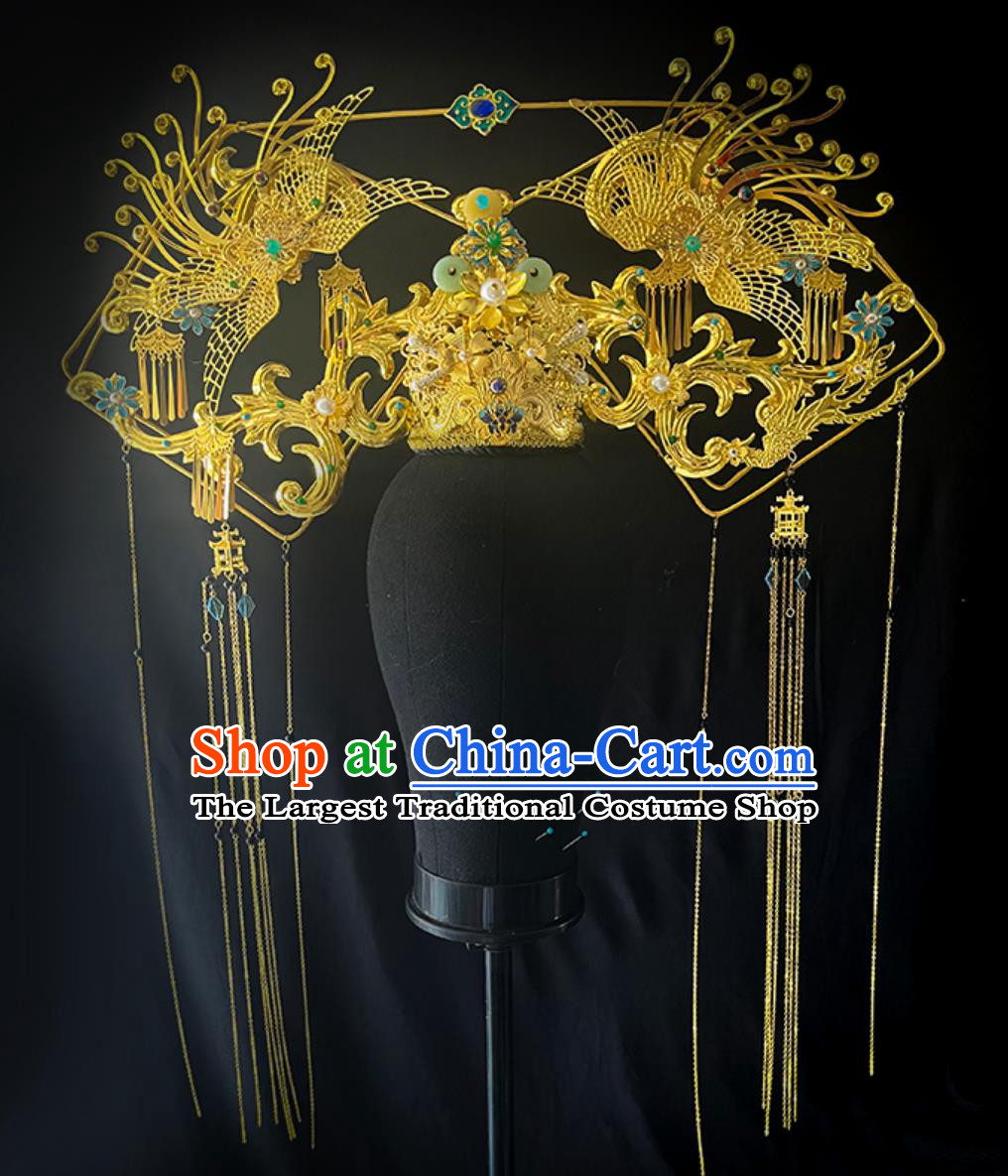 Ancient Chinese Court Empress Headgear Handmade Large Winged Manchu Headdress Qing Dynasty Imperial Consort Golden Phoenix Hat