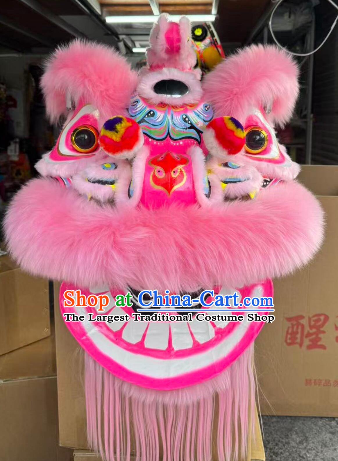 Handmade Dancing Lion Head Traditional Chinese Lion Dance Costume Pink Wool Hok San Lion Equipment