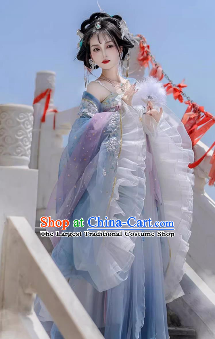Chinese Blue Hanfu Ruqun Traditional Clothing Tang Dynasty Princess Wide Sleeve Costume
