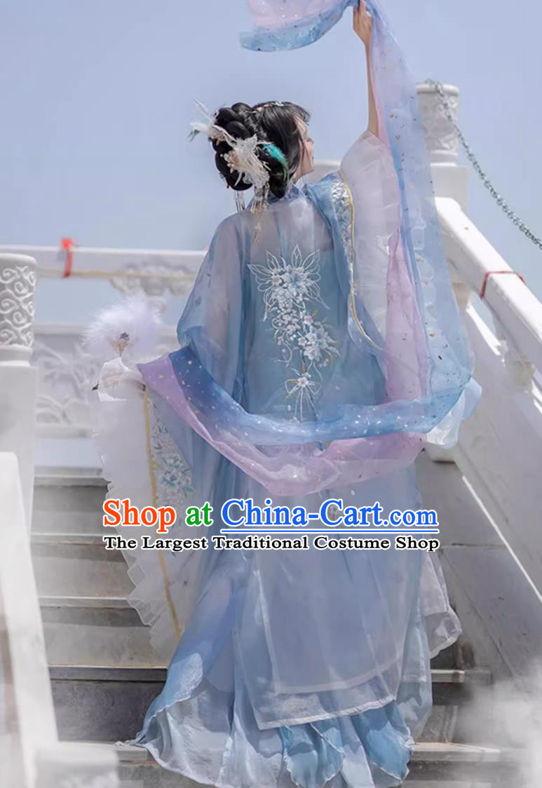 Chinese Blue Hanfu Ruqun Traditional Clothing Tang Dynasty Princess Wide Sleeve Costume