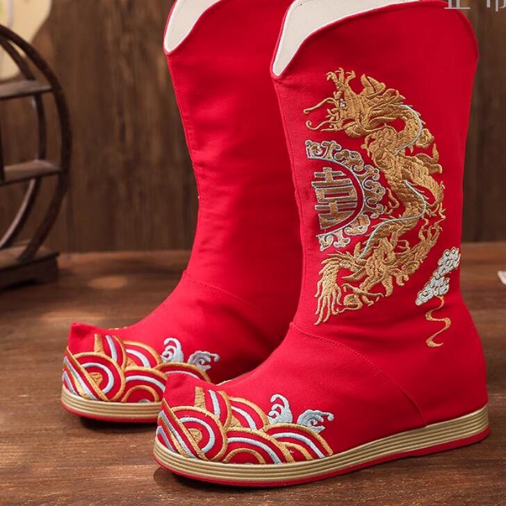 Chinese Handmade Red Boots Embroidered Shoes Traditional New Year Boots
