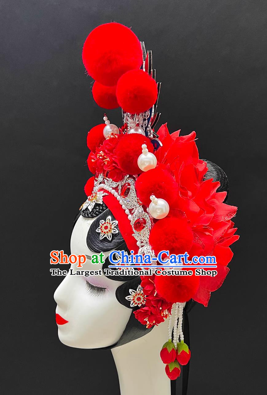 Children Beijing Opera Headdress Ancient Swordswoman Headpiece Chinese Stage Performance Red Hair Crown