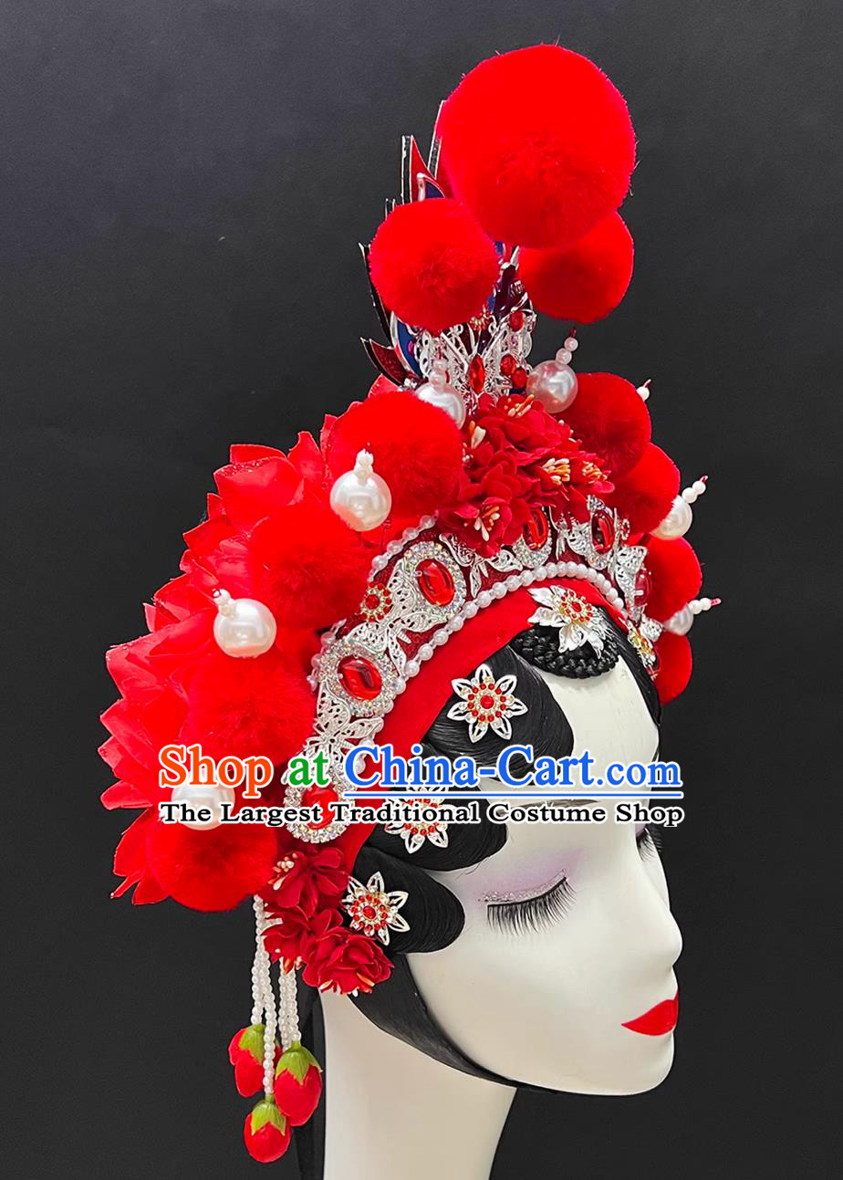 Children Beijing Opera Headdress Ancient Swordswoman Headpiece Chinese Stage Performance Red Hair Crown