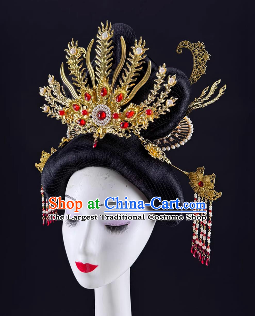 Classical Dance Drunken Concubine Headdress Ancient Chinese Empress Wig Headpieces Han Tang Dance Beauty Procession Headwear