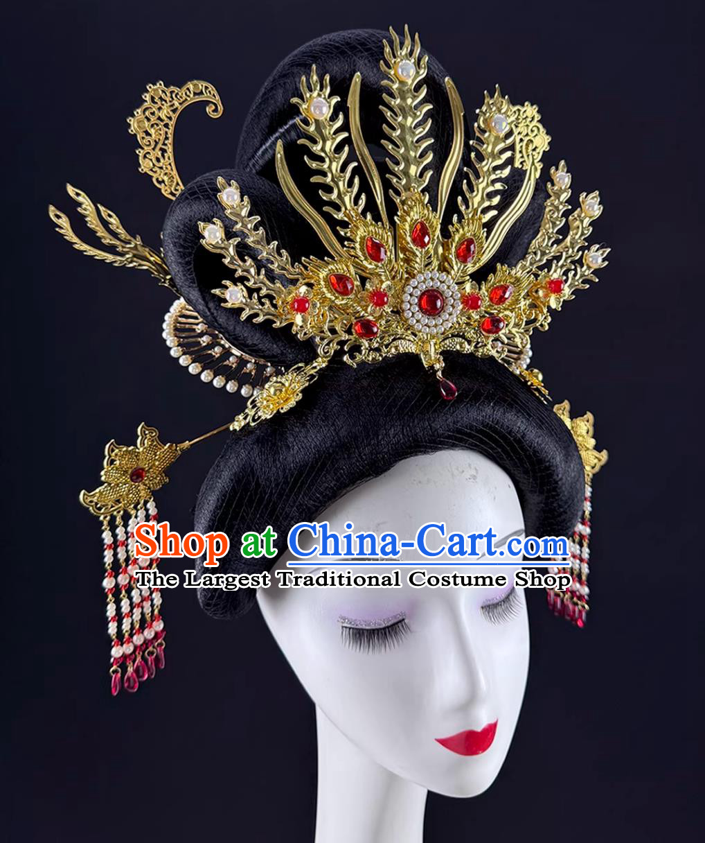 Classical Dance Drunken Concubine Headdress Ancient Chinese Empress Wig Headpieces Han Tang Dance Beauty Procession Headwear