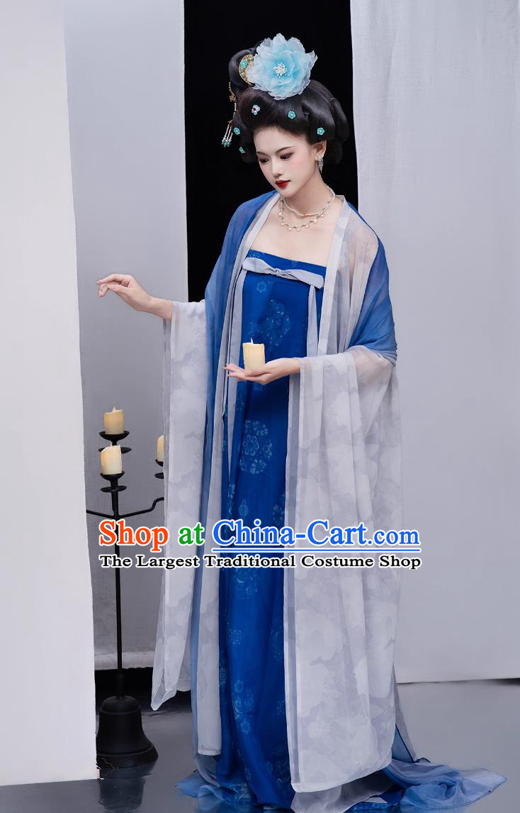 Ancient Chinese Royal Princess Costumes Traditional Blue Hanfu Dress Tang Dynasty Slim Ruqun Large Sleeve Gown Complete Set