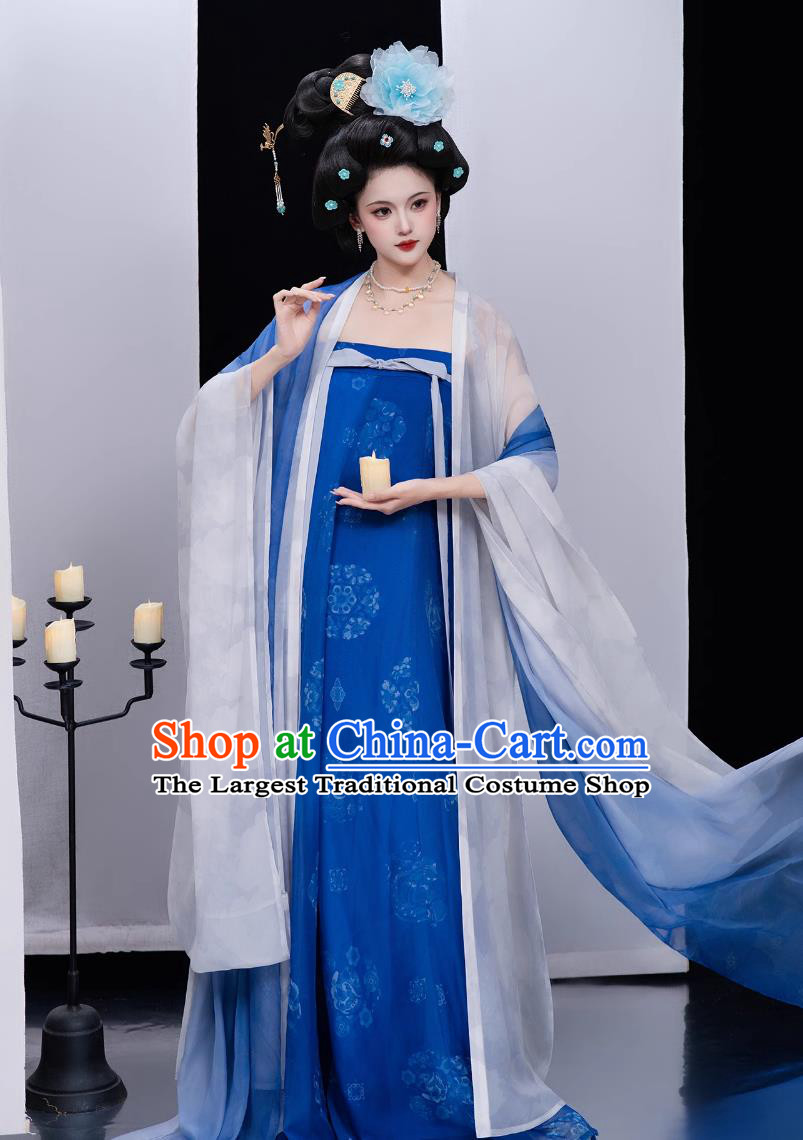 Ancient Chinese Royal Princess Costumes Traditional Blue Hanfu Dress Tang Dynasty Slim Ruqun Large Sleeve Gown Complete Set