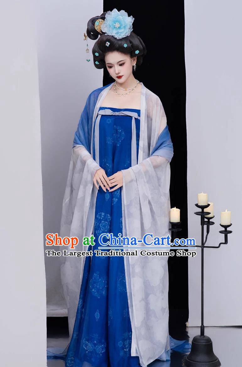Ancient Chinese Royal Princess Costumes Traditional Blue Hanfu Dress Tang Dynasty Slim Ruqun Large Sleeve Gown Complete Set
