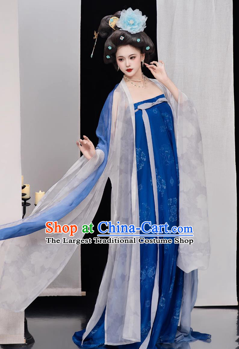 Ancient Chinese Royal Princess Costumes Traditional Blue Hanfu Dress Tang Dynasty Slim Ruqun Large Sleeve Gown Complete Set