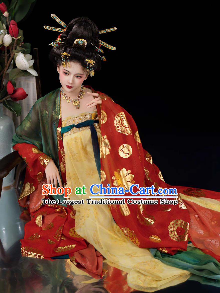 Chinese Hanfu Tang Dynasty Slim High Waist Ruqun and Broad Sleeve Gown Ancient Court Woman Costumes