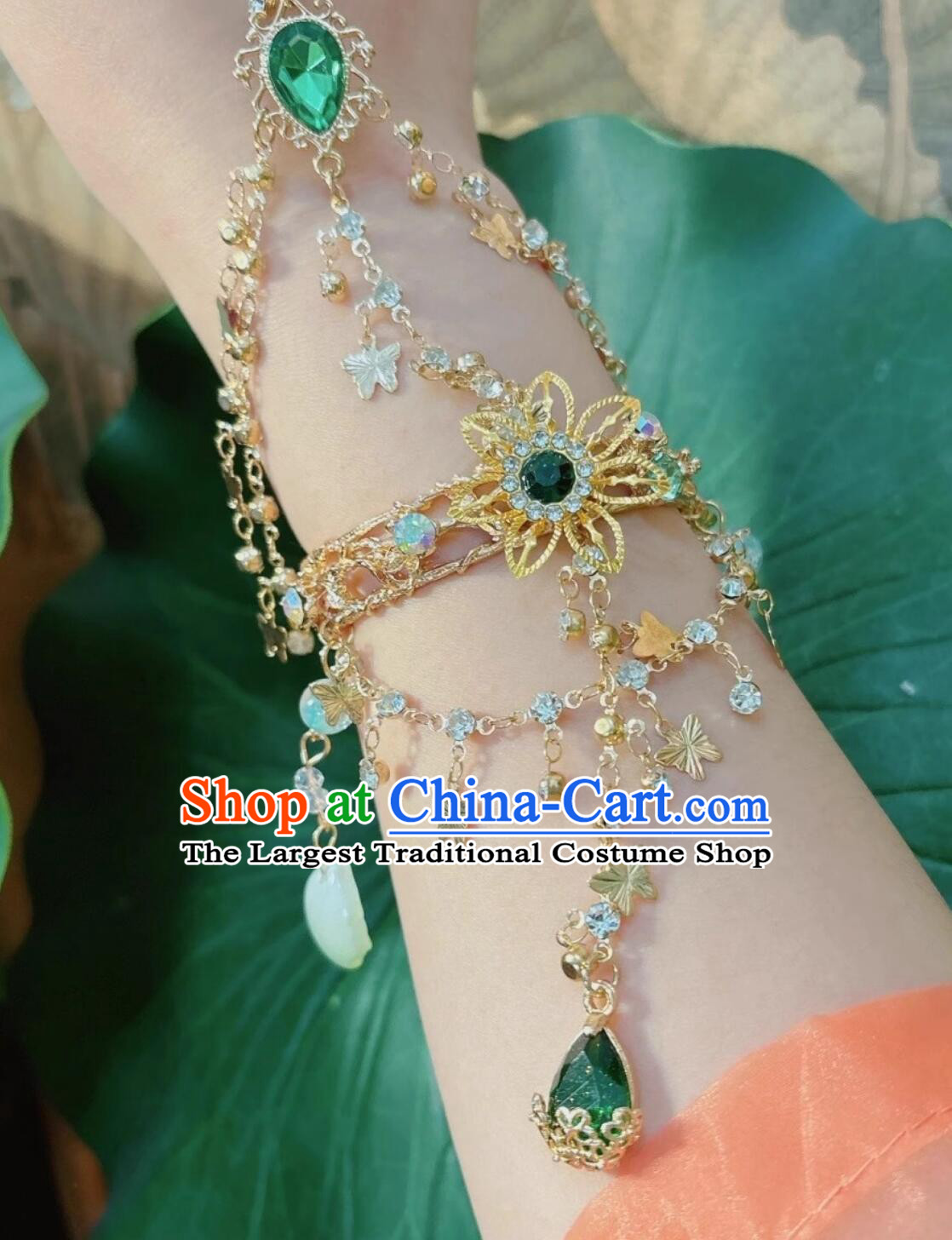 Traditional Chinese Hanfu Jewelry Ancient Princess Green Bracelet with Flower Ring