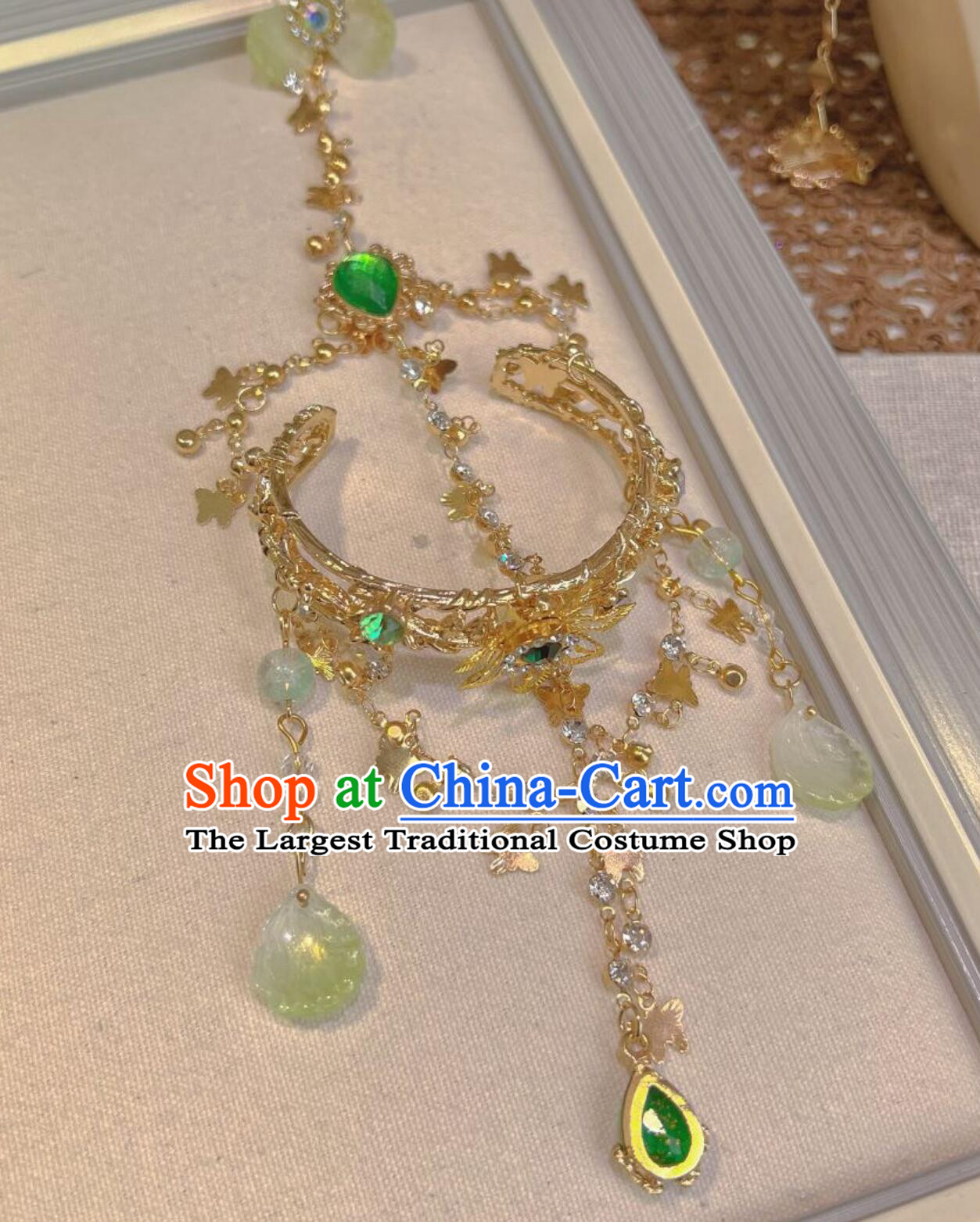 Traditional Chinese Hanfu Jewelry Ancient Princess Green Bracelet with Flower Ring