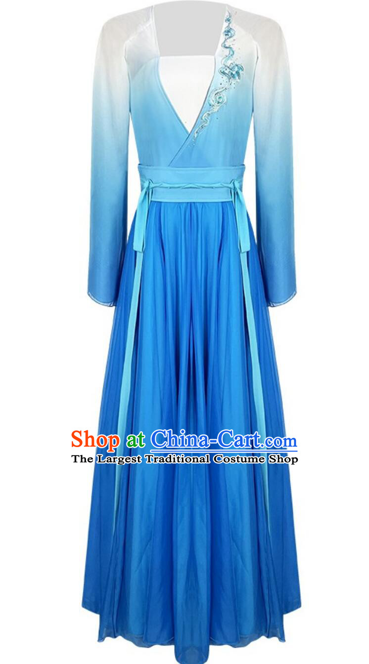 Women Group Classical Dance Costume Chinese Dance Contest Qingshan Yuandai Blue Dress