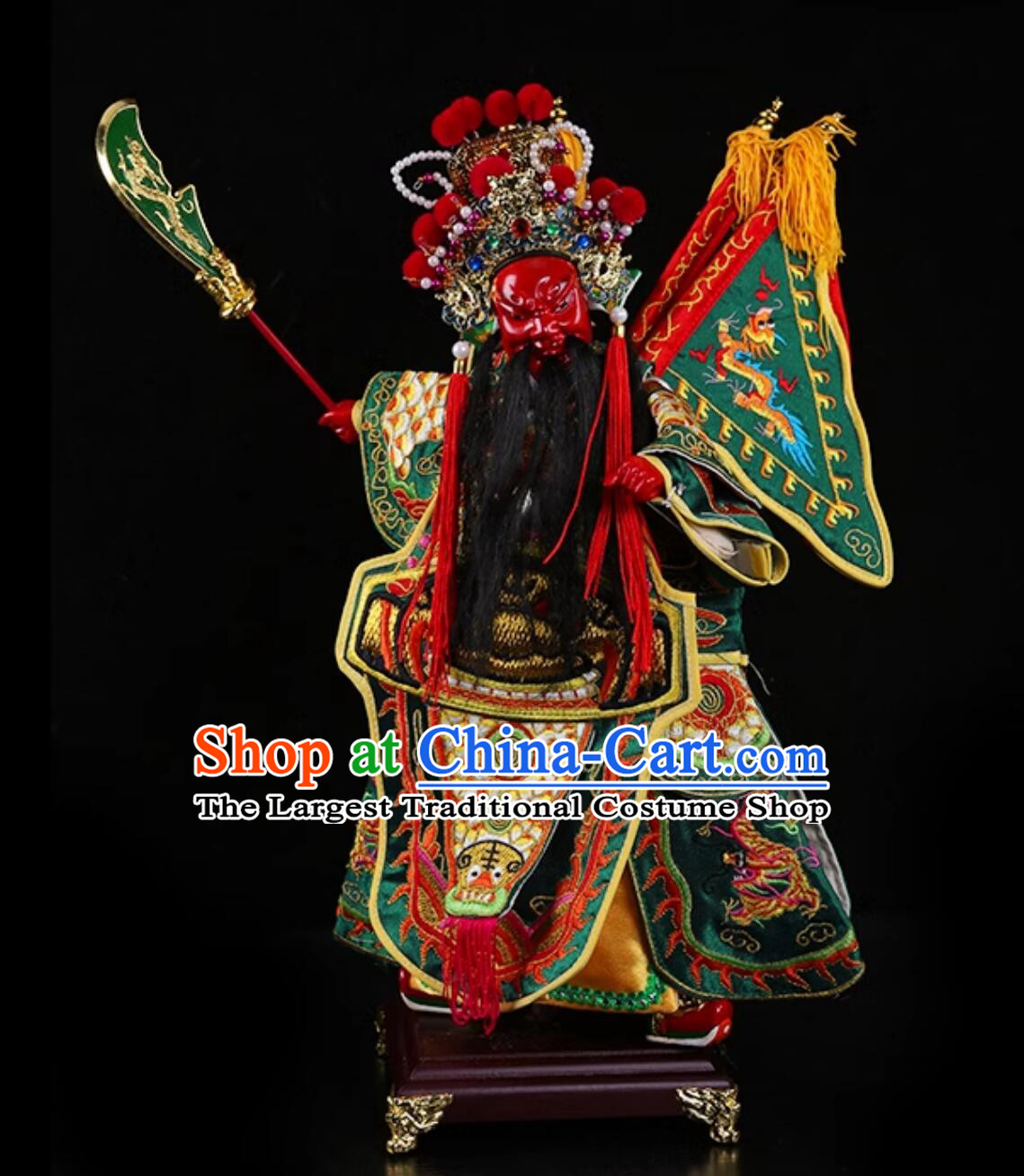 Military God of Wealth Guan Gong Hand Puppet Art Handmade Wood Carving Head Guan Yu Puppet Traditional Chinese Peking Opera General Glove Puppet