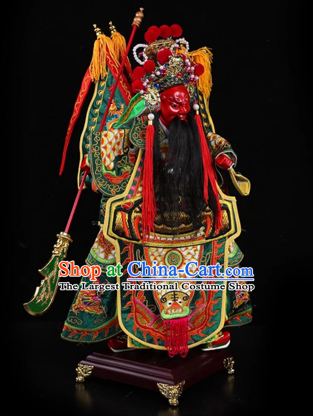 Military God of Wealth Guan Gong Hand Puppet Art Handmade Wood Carving Head Guan Yu Puppet Traditional Chinese Peking Opera General Glove Puppet
