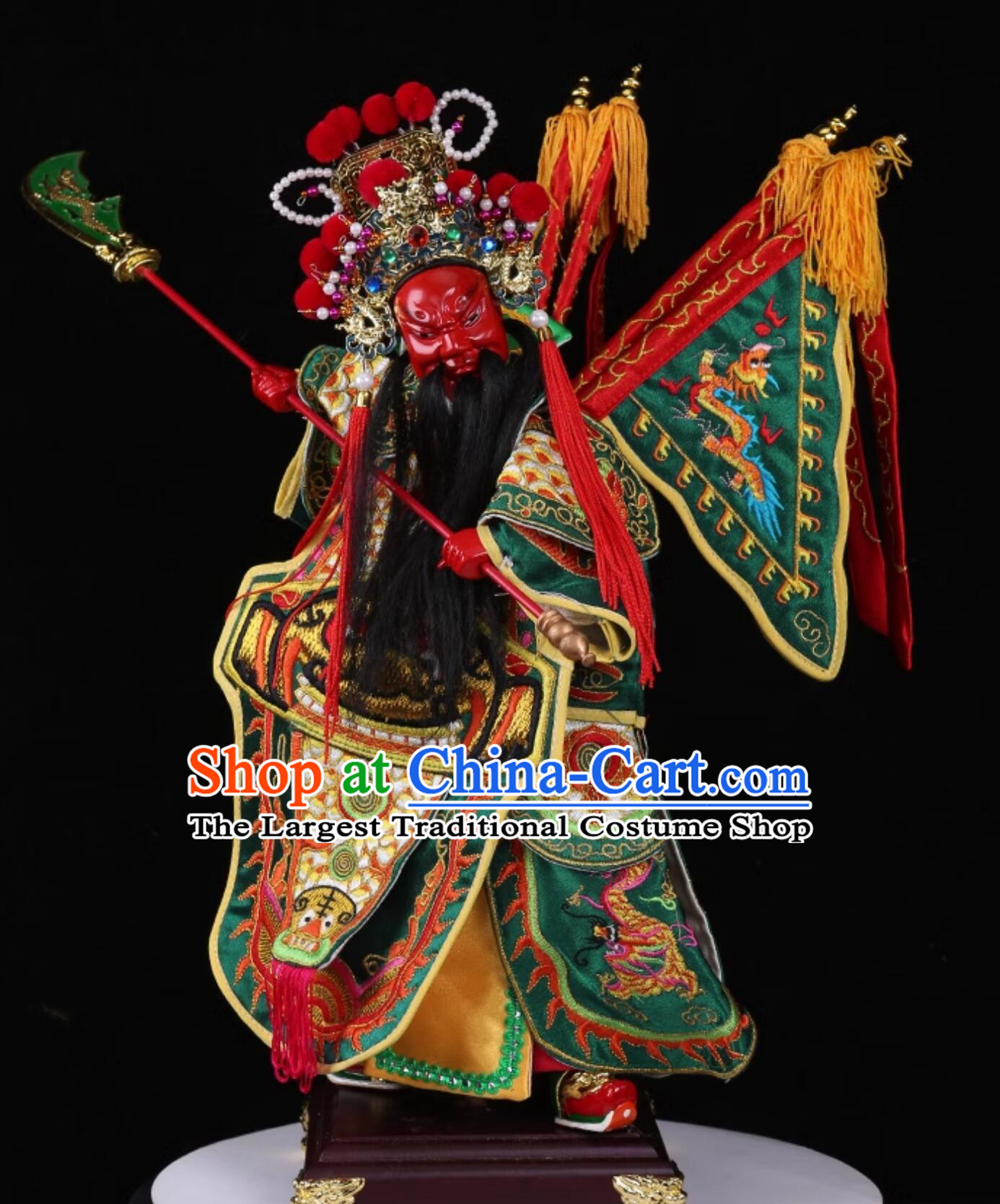 Military God of Wealth Guan Gong Hand Puppet Art Handmade Wood Carving Head Guan Yu Puppet Traditional Chinese Peking Opera General Glove Puppet