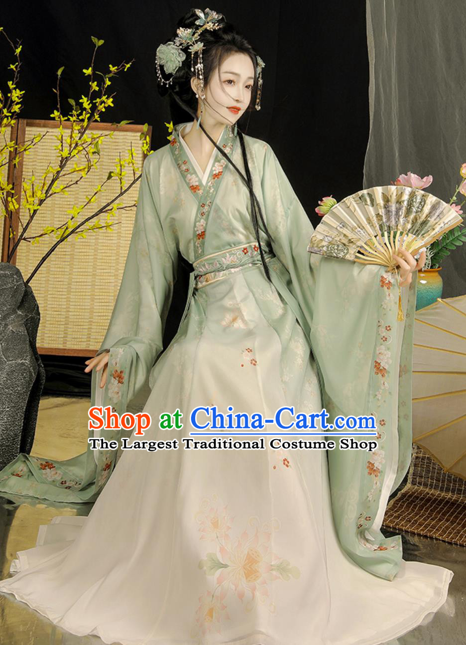 Green Hanfu Women Cross Collar High Waist Ruqun Wei Jin Style Wide Sleeve Dress Chinese Style Costume Northern And Southern Dynasties Clothing