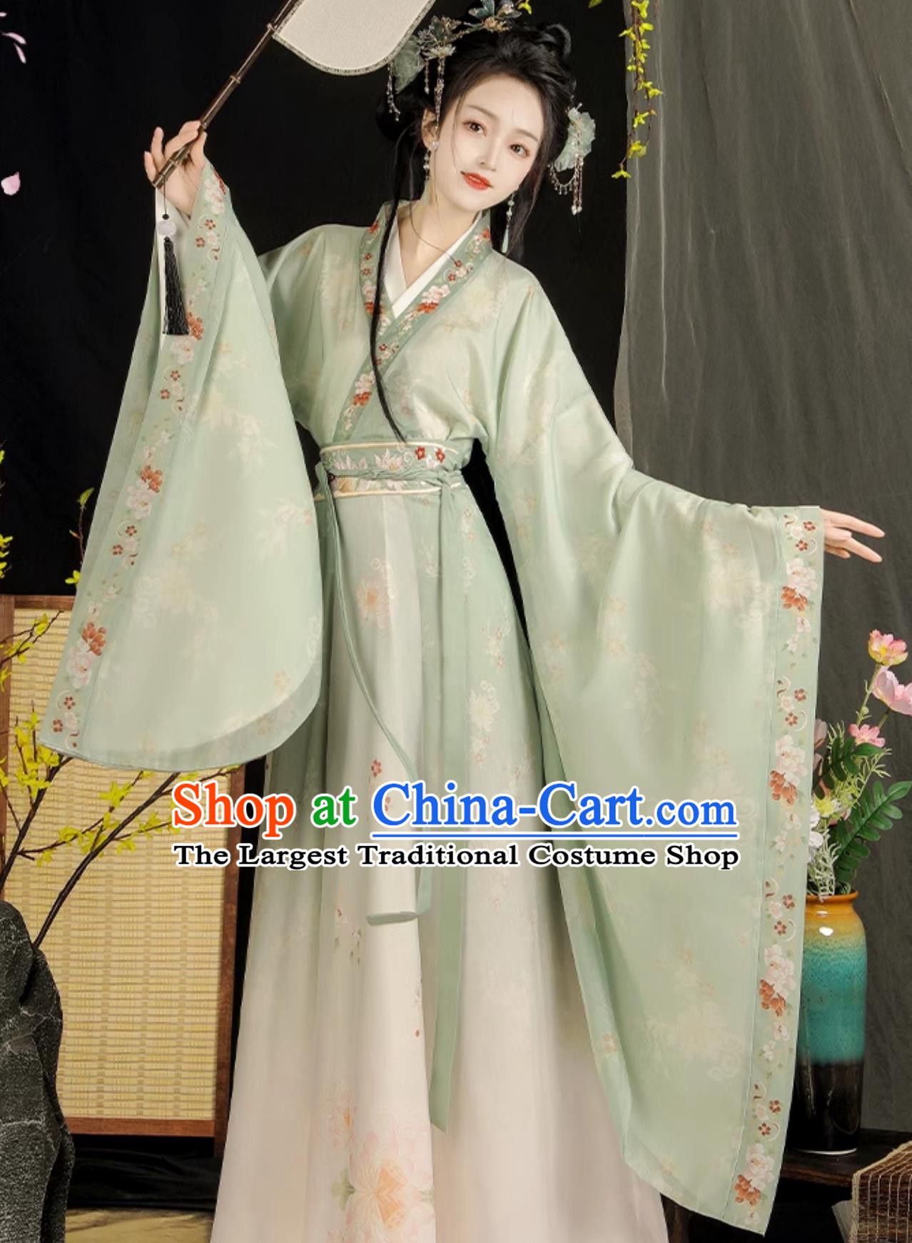 Green Hanfu Women Cross Collar High Waist Ruqun Wei Jin Style Wide Sleeve Dress Chinese Style Costume Northern And Southern Dynasties Clothing