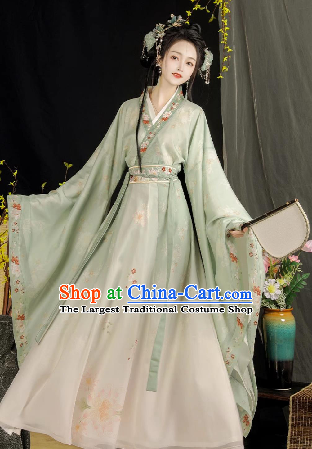 Green Hanfu Women Cross Collar High Waist Ruqun Wei Jin Style Wide Sleeve Dress Chinese Style Costume Northern And Southern Dynasties Clothing