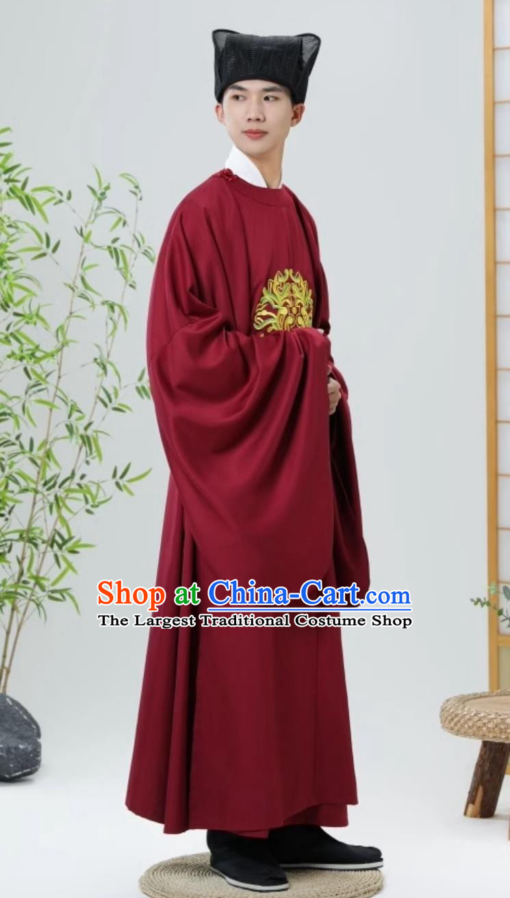 Traditional Chinese Clothing Mens Wine Red Round Collar Robe Official Gown Ancient Chinese Style Confucian Ceremony Dance Costume Traditional Attire