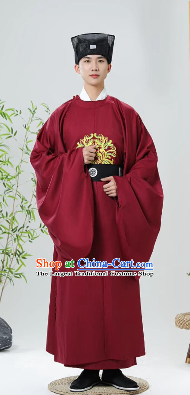 Traditional Chinese Clothing Mens Wine Red Round Collar Robe Official Gown Ancient Chinese Style Confucian Ceremony Dance Costume Traditional Attire