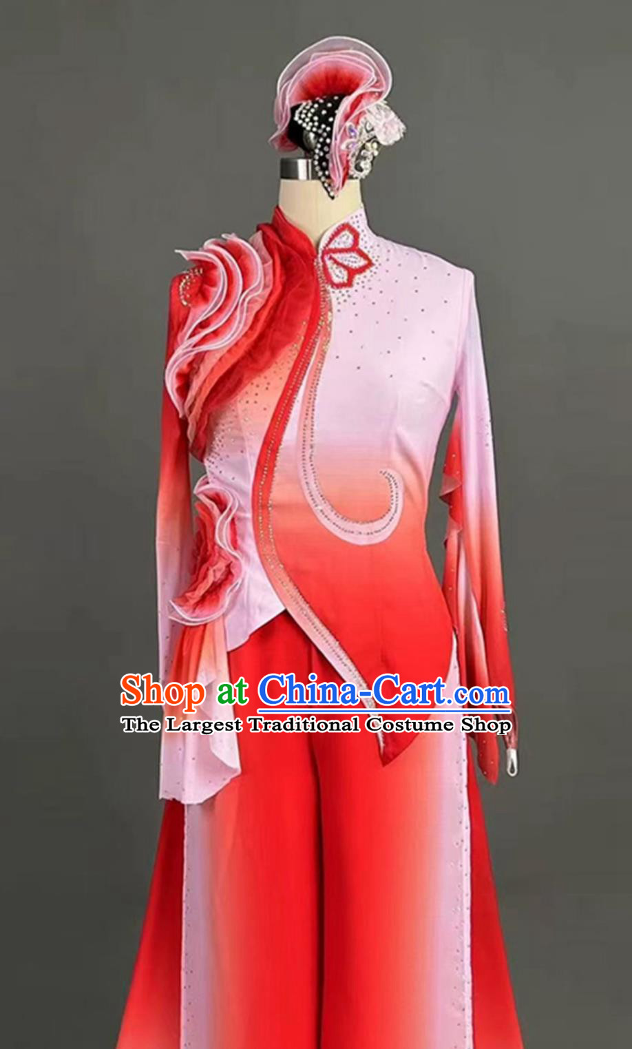 Womens Jiaozhou Hibiscus Yangko Dance Costume Jiu Er Chinese Style Stage Performance Red Uniform