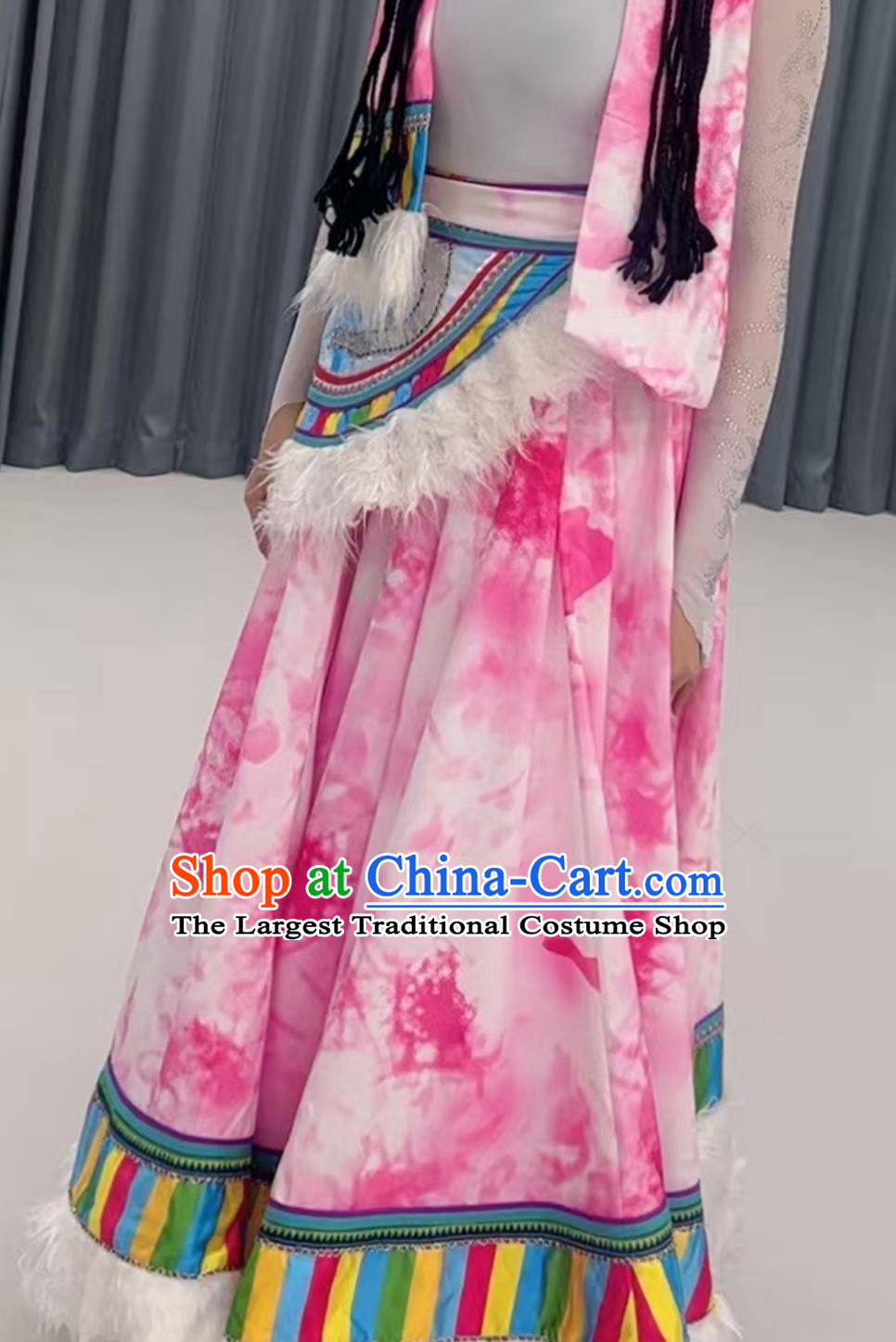 Tibetan Laundry Song Ethnic Dance Costume Chinese Zang Nationality Dance Clothing Pink Flared Dress