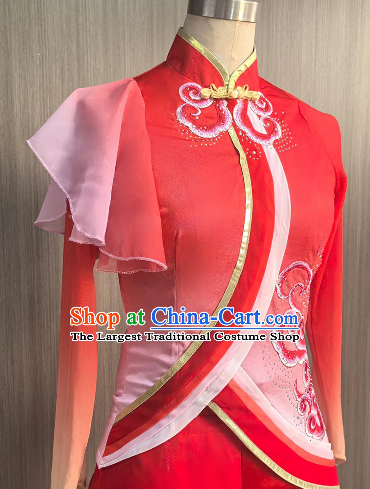 Womens Yangko Dance Costume Celebration Dress Yangko Waist Drum Dance Red Dance Uniform